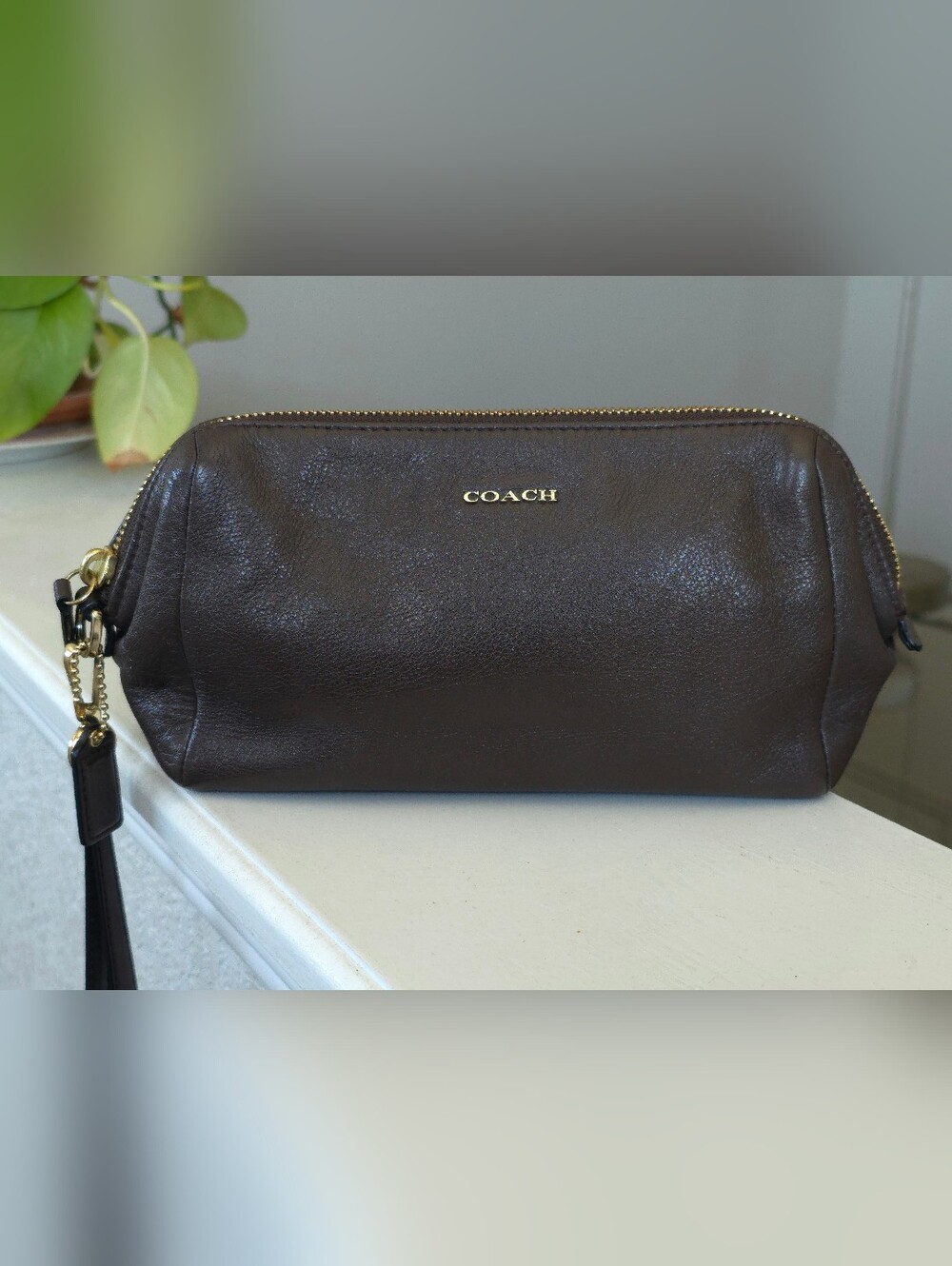 Coach Brown Leather Zip Top Large Wristlet Pouch Clutch with Gold Accents